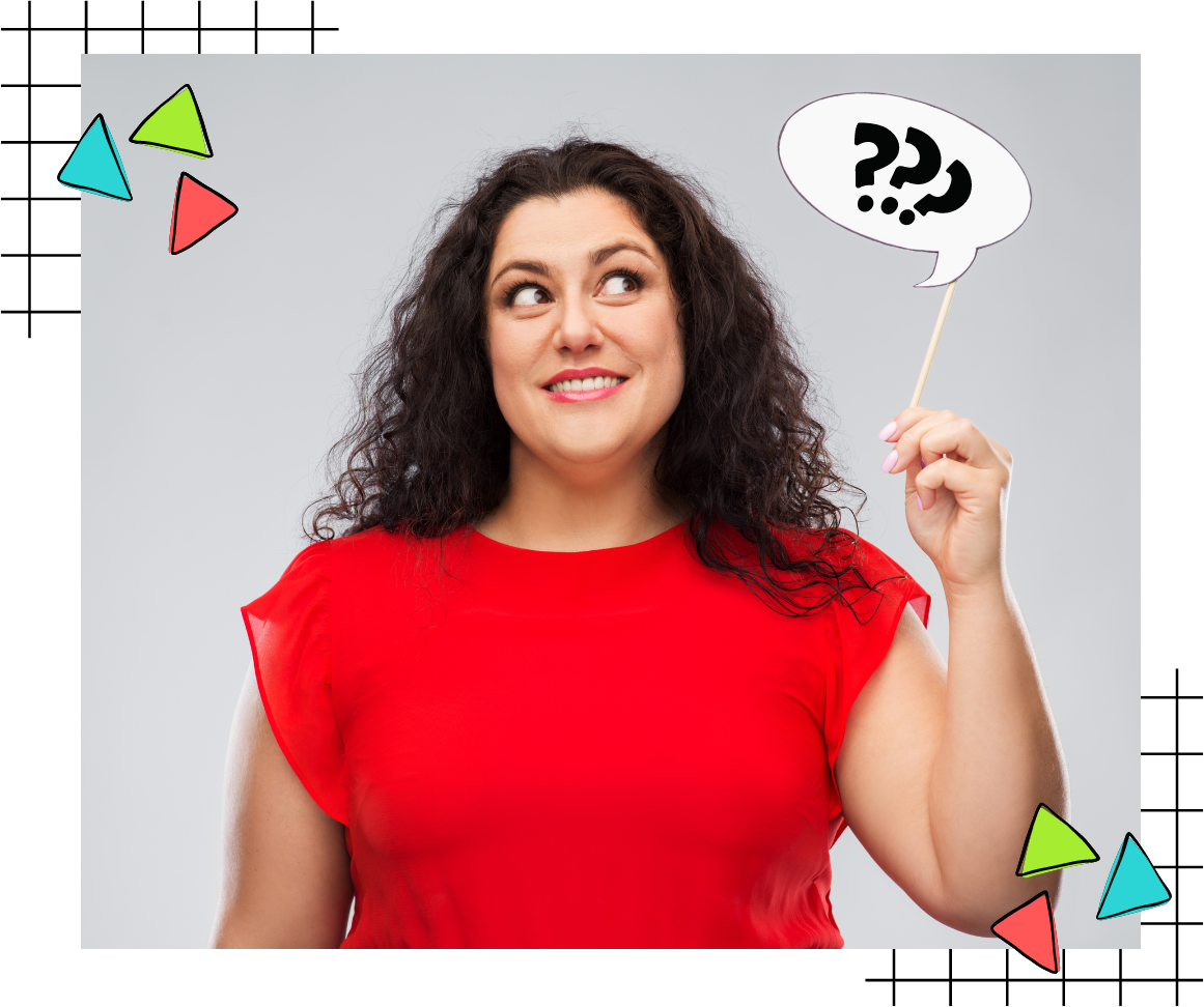 photo of woman in bright red shirt thinking